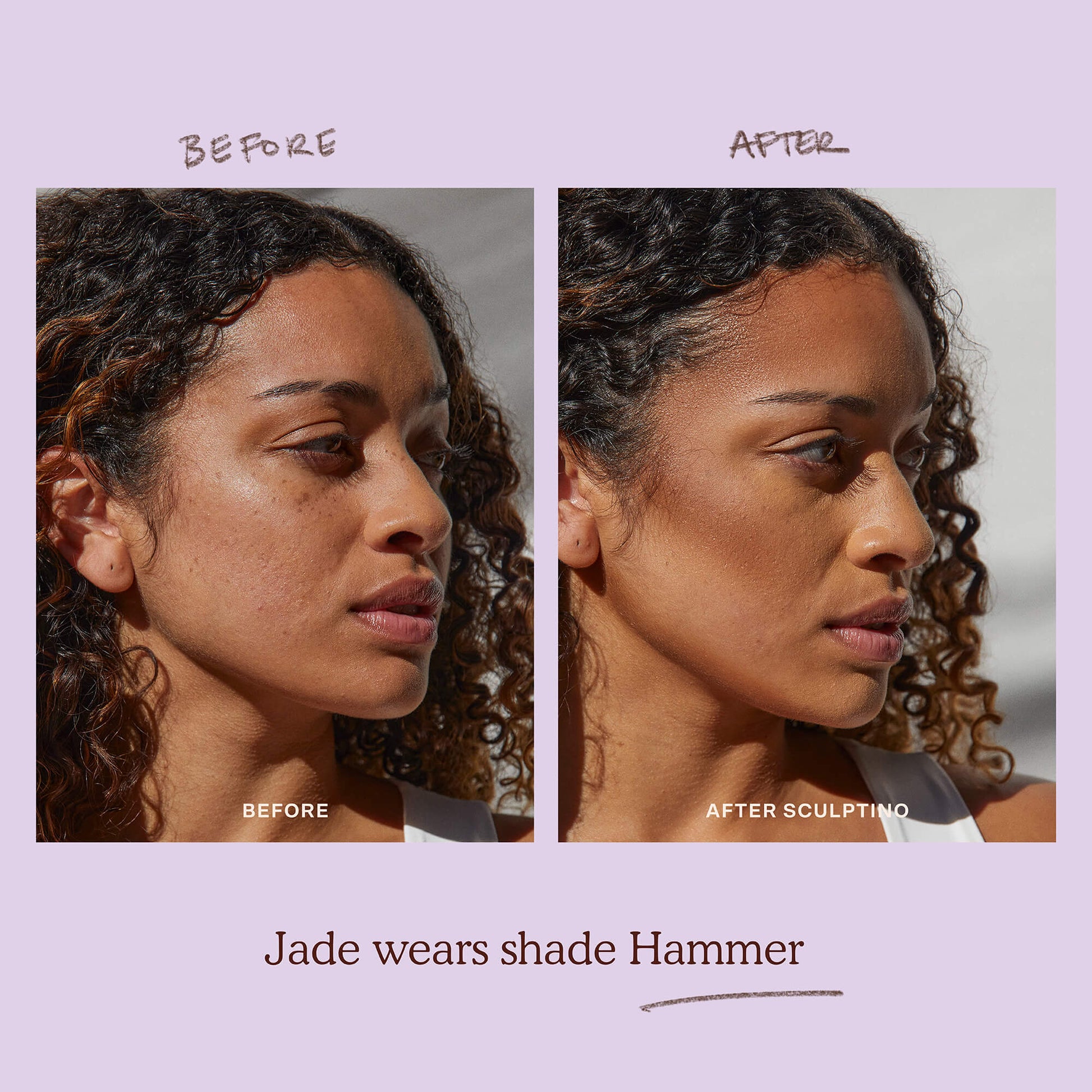 A model before and after applying the Tower 28 Beauty Sculptino™ Cream Contour in the shade Hammer