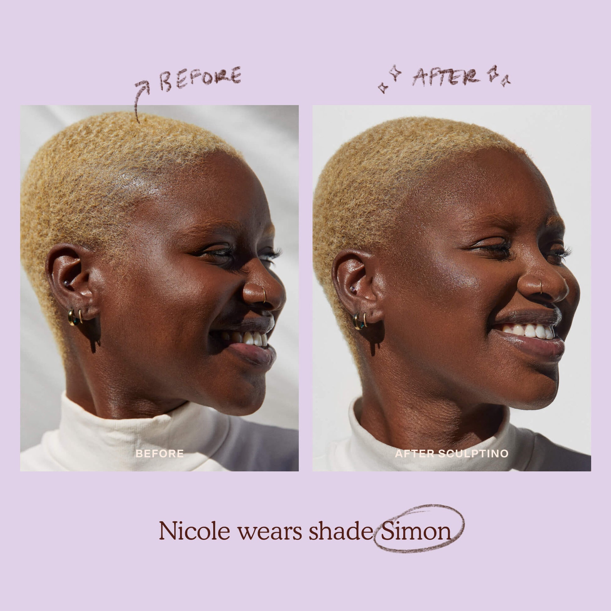 A model before and after applying the Tower 28 Beauty Sculptino™ Cream Contour in the shade Simon