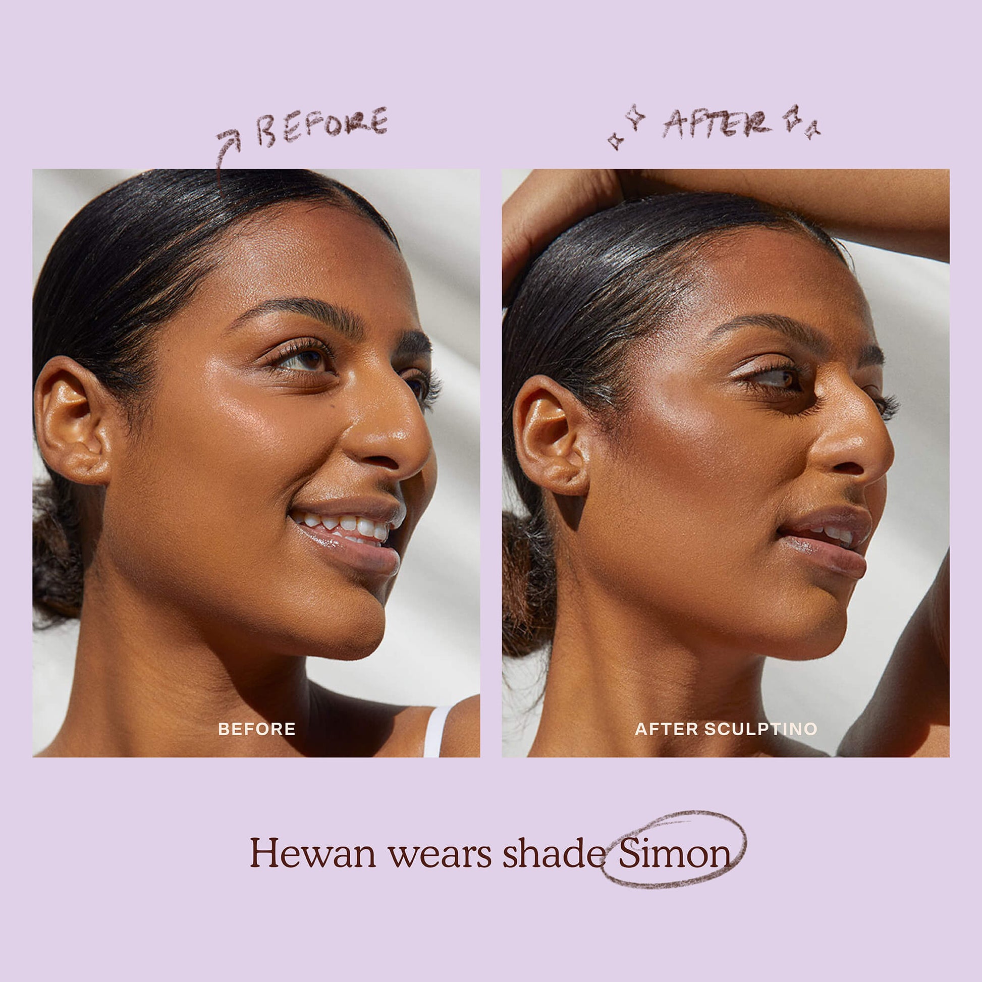 A model before and after applying the Tower 28 Beauty Sculptino™ Cream Contour in the shade Simon