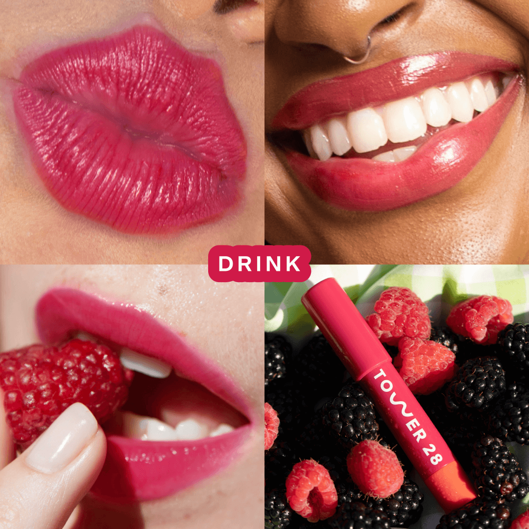 Shade: Drink [Shared: Tower 28 Beauty's JuiceBalm Lip Drink in the shade Drink on three different models]
