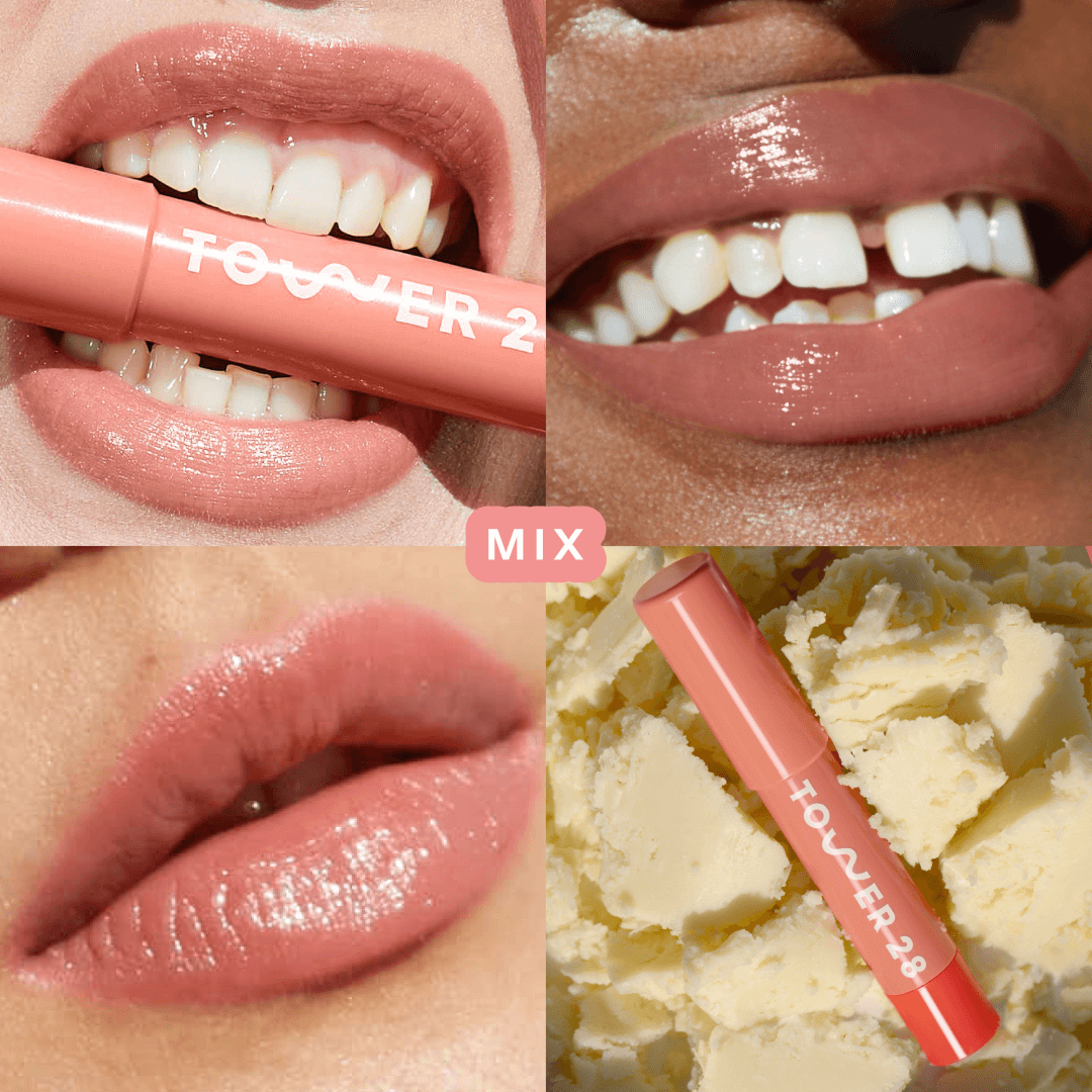 Shade: Mix [Tower 28 Beauty's JuiceBalm Lip Balm in the shade Mix on three different models]