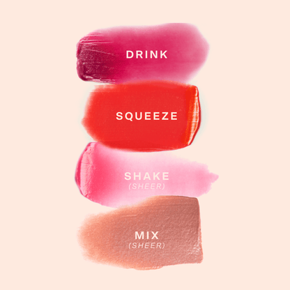 JuiceBalm Lip Balm [Shared: A swatch showing all four shades of Tower 28 Beauty's JuiceBalm: Drink, Shake, Mix, and Squeeze.]