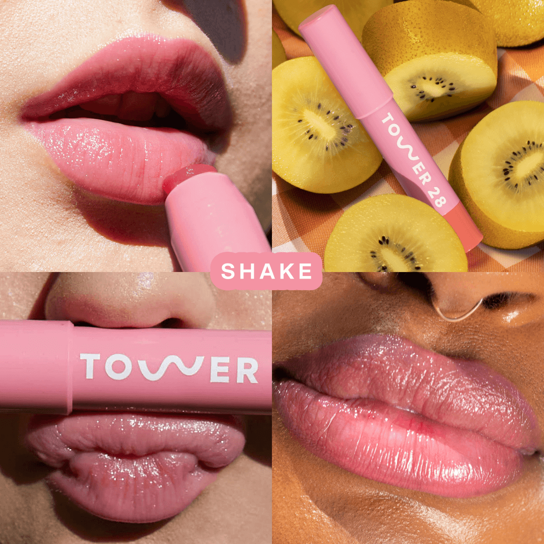 Tower 28 Beauty's JuiceBalm Lip Balm in the shade Shake on three different models