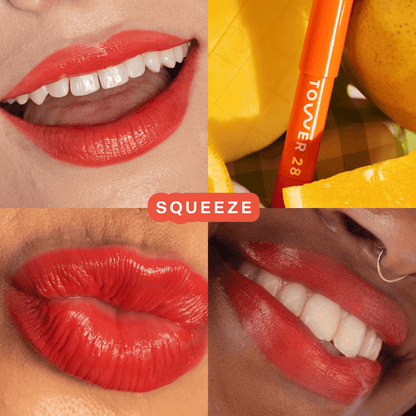 Shade: Squeeze [Tower 28 Beauty's JuiceBalm Lip Balm in the shade Squeeze on three different models]