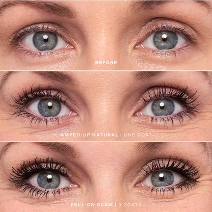 MakeWaves™ Mascara [Shared: A close up of a model's eyelashes before and after applying the Tower 28 Beauty MakeWaves™ Mascara, transforming them from natural to full-on glamorous.]