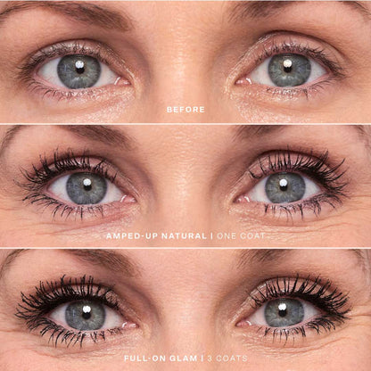 [Shared: A close up of a model's eyelashes before and after applying the Tower 28 Beauty MakeWaves™ Mascara in Jet, transforming them from natural to full-on glamorous.]