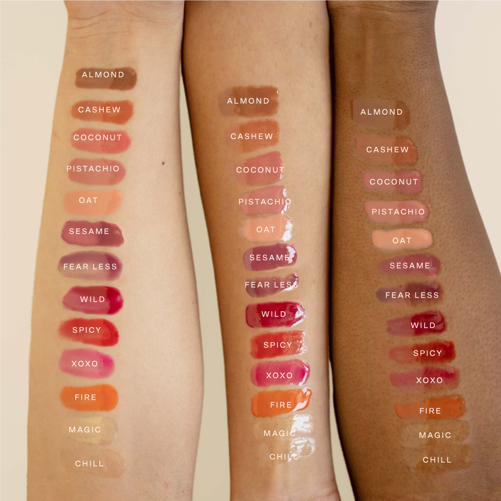 [Shared: All shades of the Tower 28 Beauty ShineOn Lip Jelly swatched out on three different skin tones]