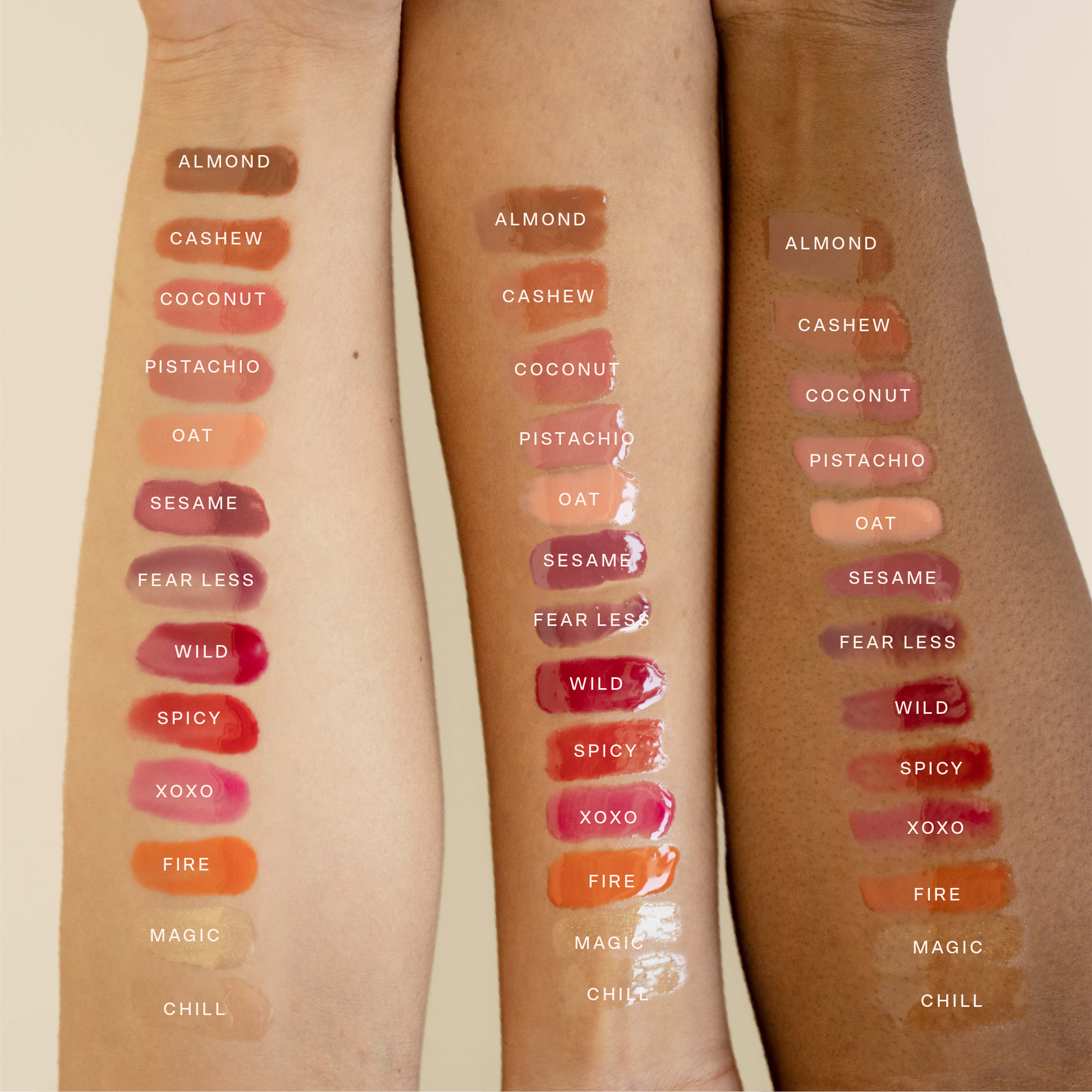 Shared: All thirteen shades of Tower 28 Beauty's ShineOn Lip Jelly swatched on three different skin tones