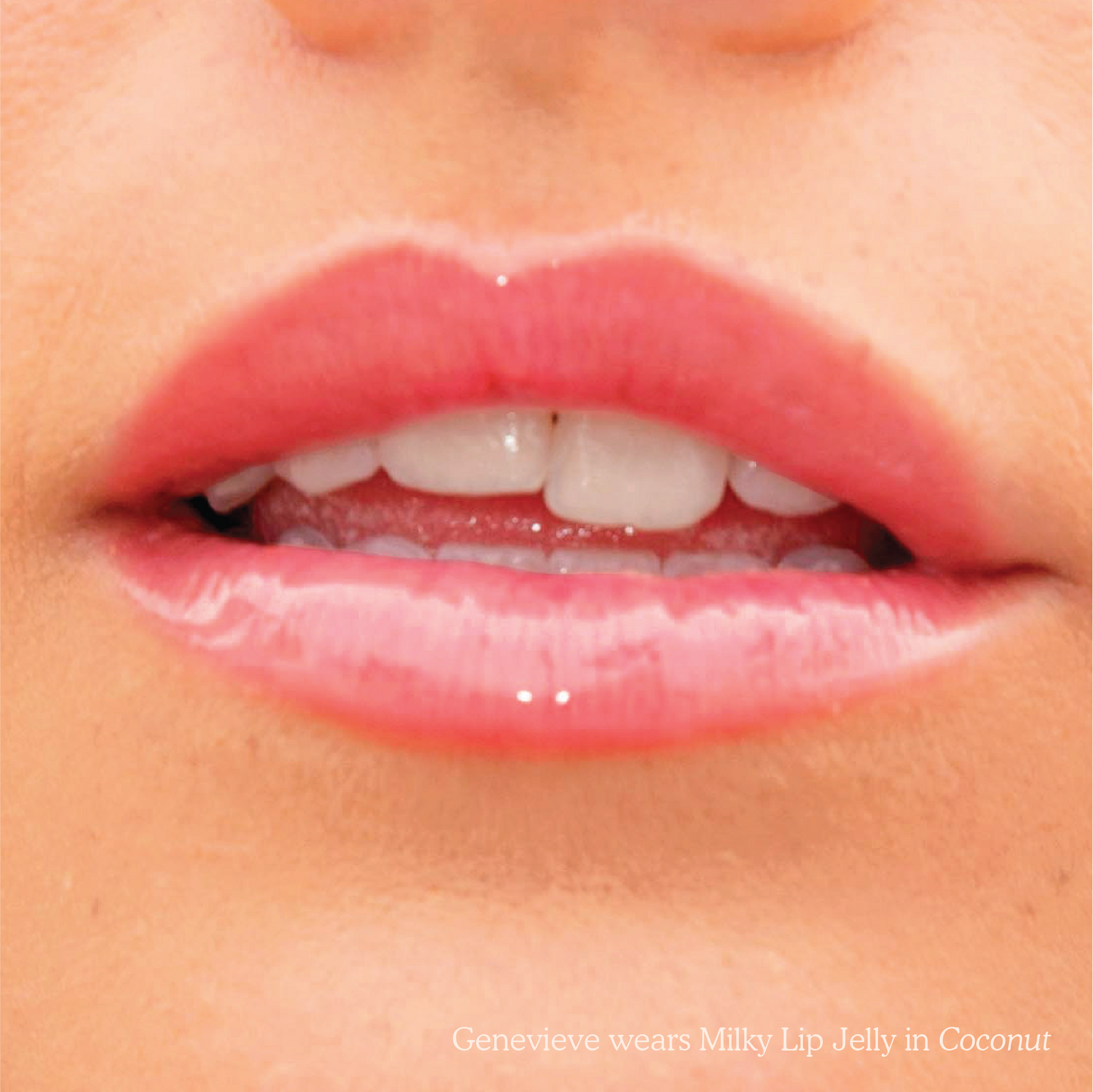 Closeup photo of very glossy lips, wearing the Tower 28 Beauty ShineOn Milky Lip Jelly shade in Coconut (a milky mauve-pink)